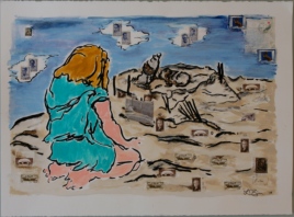 Mixed media painting by Lauren Zinn of a back of a girl sculpting sand and the sky above.