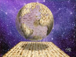Artwork of by Ari Katz showing a sphere that looks like the earth only made of matzah with a starry universe in the background.